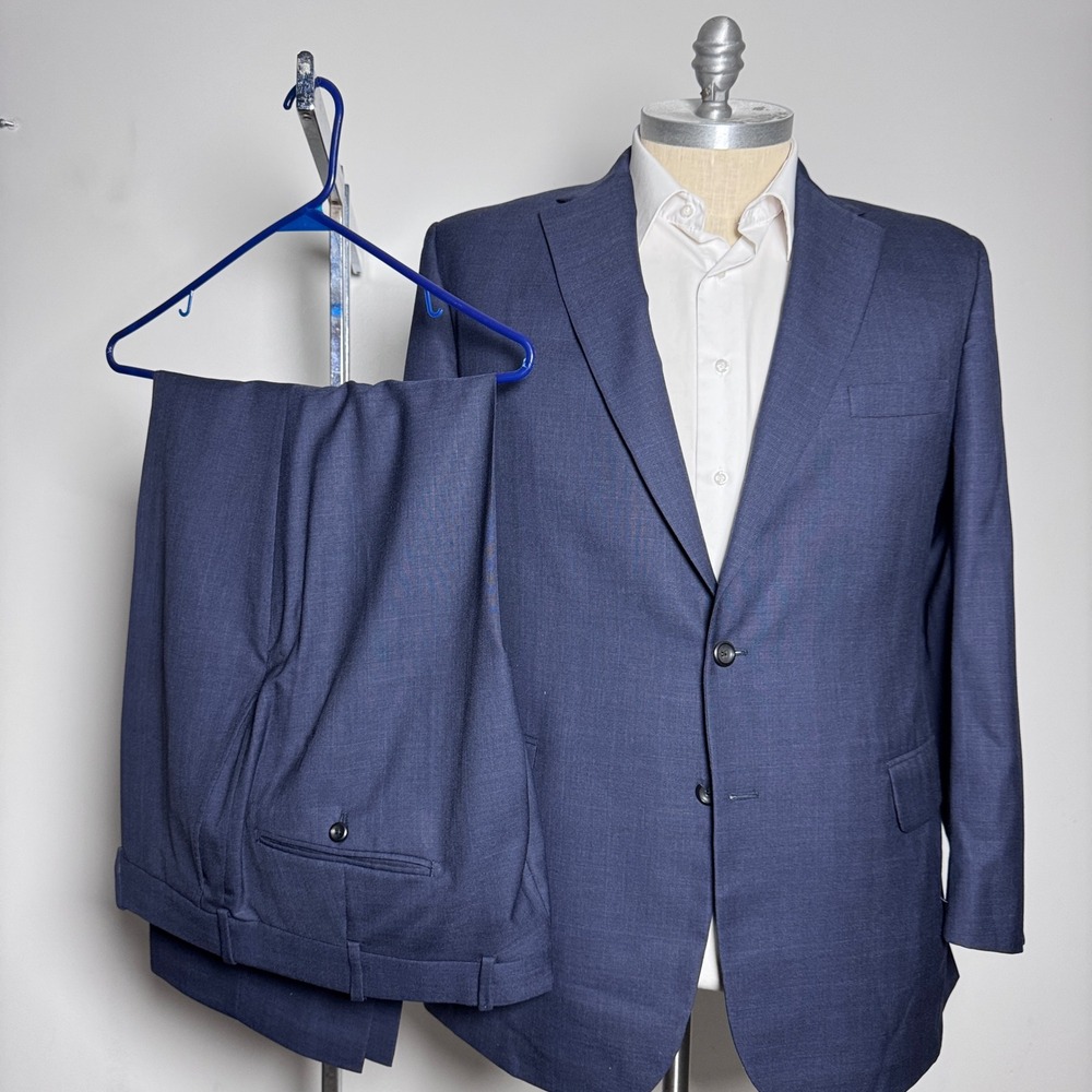 Tom James Suit Mens 44R 40x30 Navy Blue Solid Wool Two Button Executive